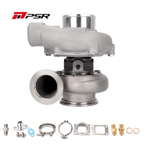 PSR3582 Compact Dual Ball Bearing Turbocharger - STAINLESS STEEL V-BAND INLET, V-BAND OUTLET, 0.82A/R + T3 Adapter