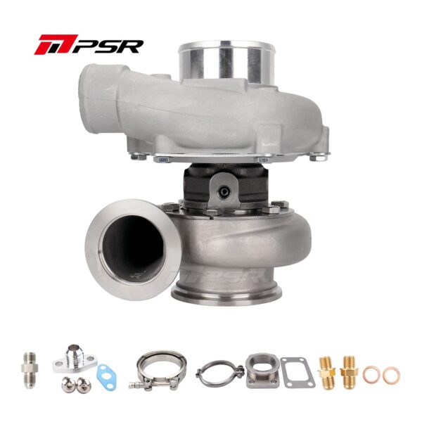 PSR3582 Compact Dual Ball Bearing Turbocharger - STAINLESS STEEL V-BAND INLET, V-BAND OUTLET, 0.64A/R +T25 Adapter
