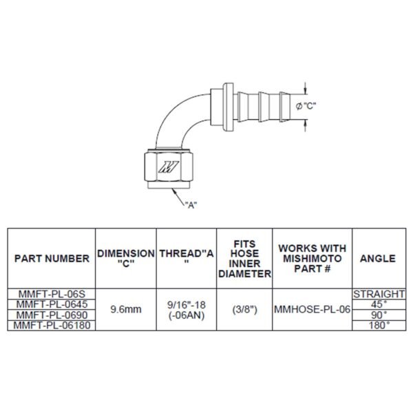 180-Degree Push Lock Fitting, -6AN - MMFT-PL-6180