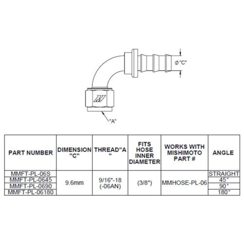 90-Degree Push Lock Fitting, -6AN – MMFT-PL-690