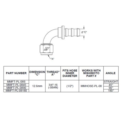 90-Degree Push Lock Fitting, -8AN – MMFT-PL-890